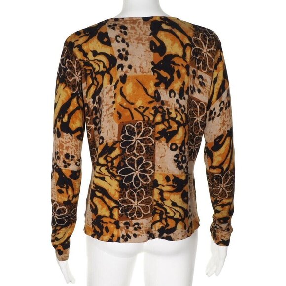 Joseph A Top Womens L Sweater Silk Blend Animal Print Brown Multi V Neck Stretch - Picture 6 of 10
